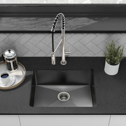 23 x 18 inch black stainless steel undermount single basin kitchen sink with angled corners.