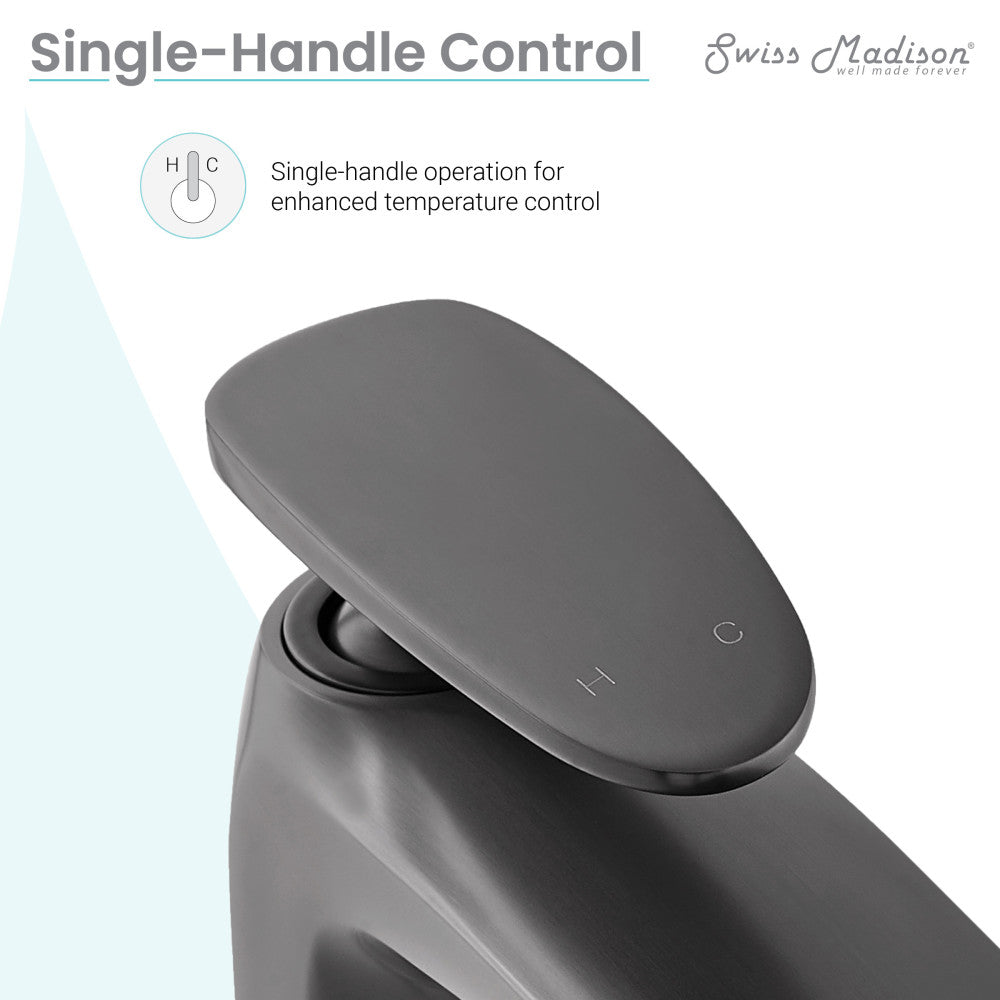 Single-handle bathroom faucet in gunmetal gray, high arc design.