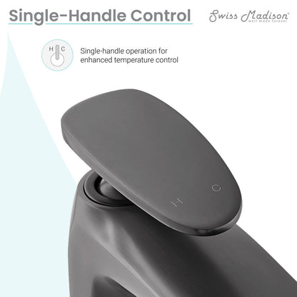 Single-handle bathroom faucet in gunmetal gray, high arc design.