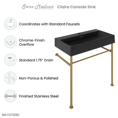Claire 30 Ceramic Console Sink Matte Black Basin Brushed Gold Legs