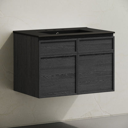 St. Tropez 30" Wall-Mounted Bathroom Vanity in Black Oak with Black 3-Hole Widespread Sink Top