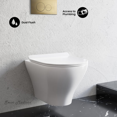 Monaco Wall-Hung Toilet Bundle 0.8/1.6 GPF Dual Flush in Glossy White with Brass Flush Plate