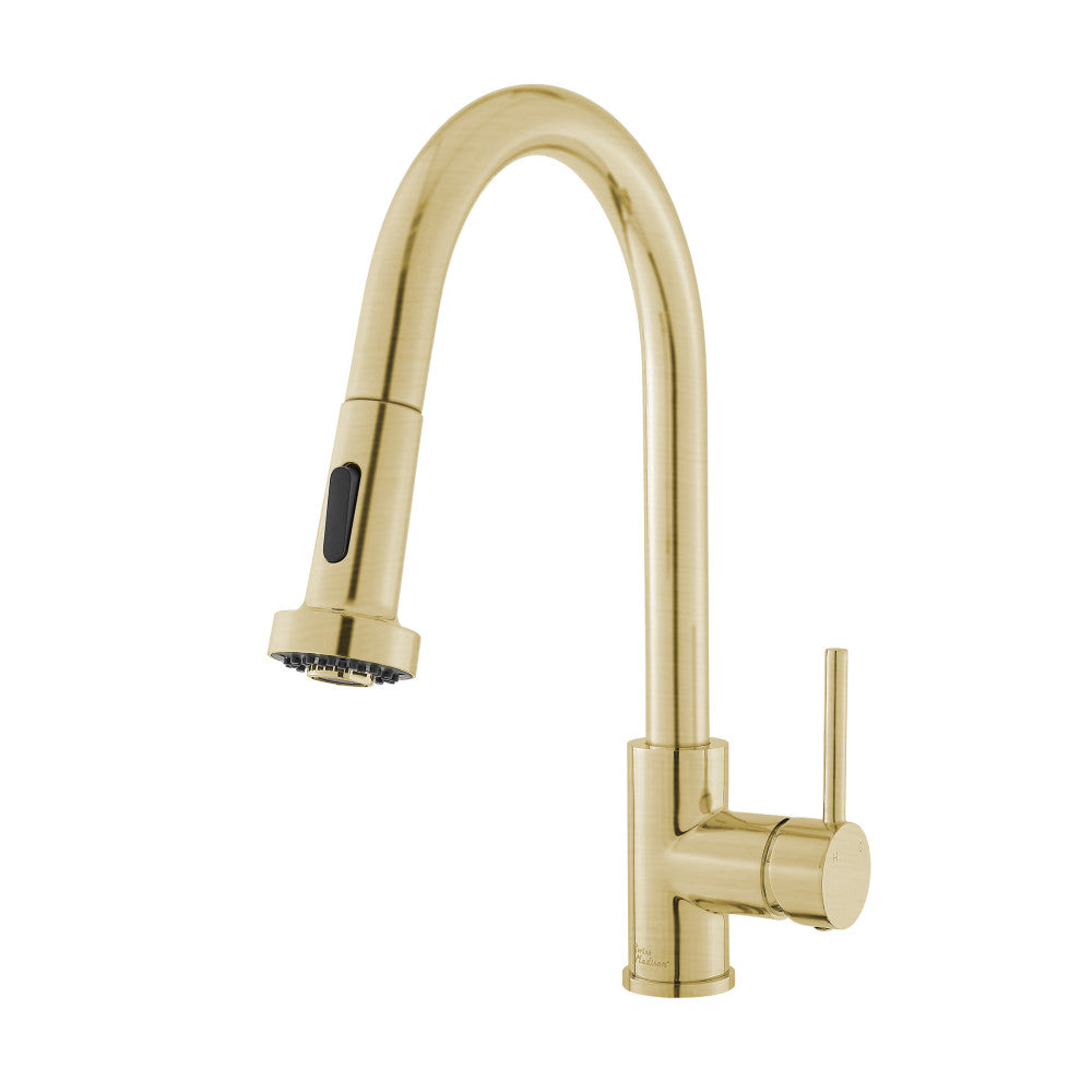 Single handle pull-down kitchen faucet in brushed gold with high-arc spout and side lever handle.
