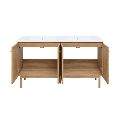 Classe 60" Freestanding Bathroom Vanity in Golden Oak with 3-Hole Widespread Double Basin Sink Top