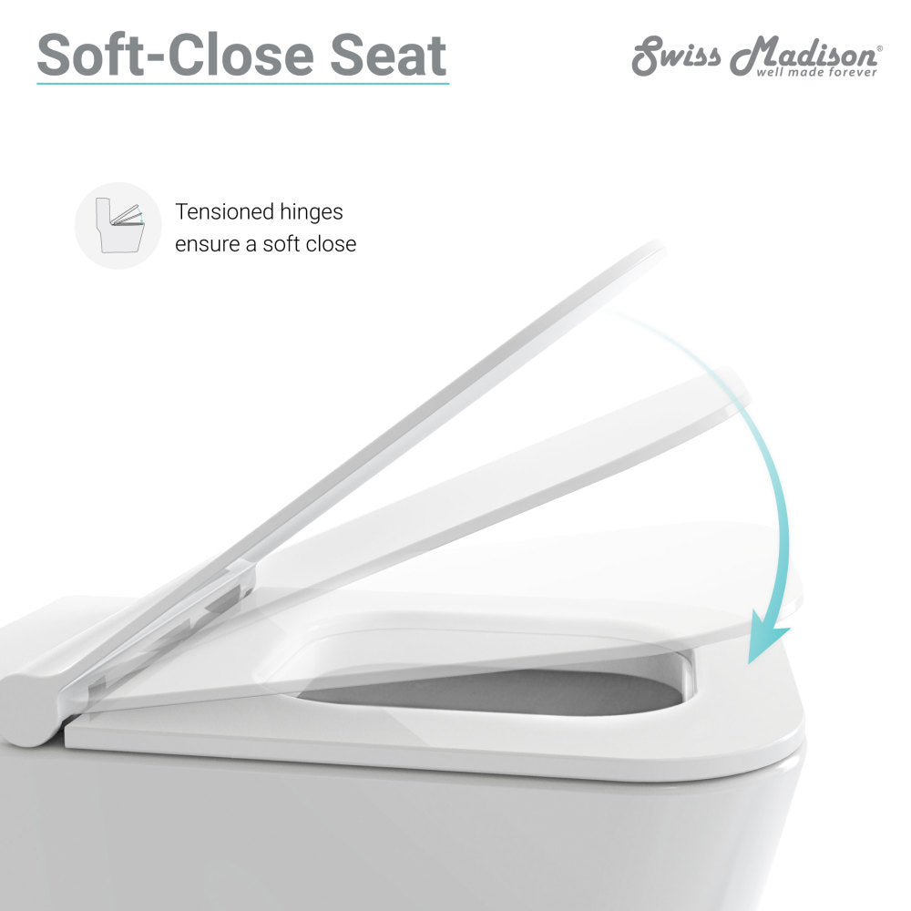Elongated wall-hung toilet bowl with soft-close seat in white ceramic.