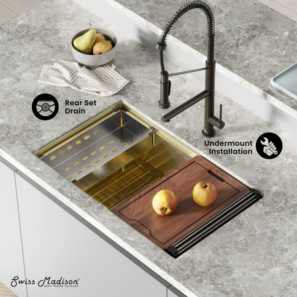 32" 18 gauge stainless steel undermount kitchen sink in polished gold with workstation set and rear drain.