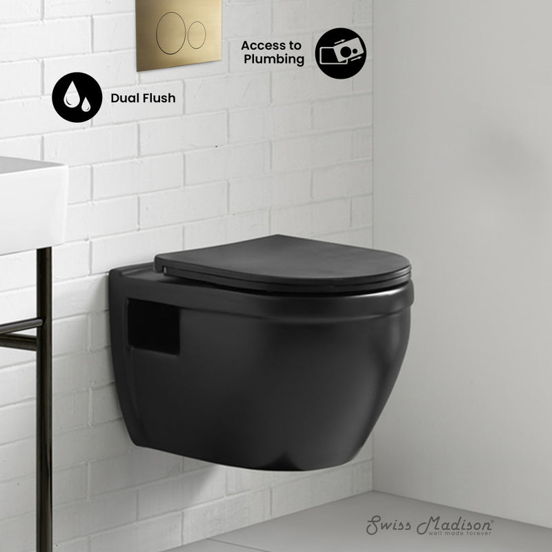 Ivy Wall-Hung Toilet Bundle 0.8/1.6 GPF Dual Flush in Matte Black with Brass Flush Plate