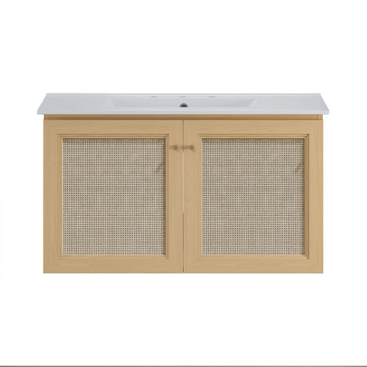 Classe 36" Wall-Mounted Bathroom Vanity in Natural Oak with Widespread Faucet Holes Vanity Top