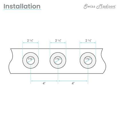 Diagram showing measurements for widespread bathroom faucet installation with three 2 ¾ inch holes spaced 4 inches apart.