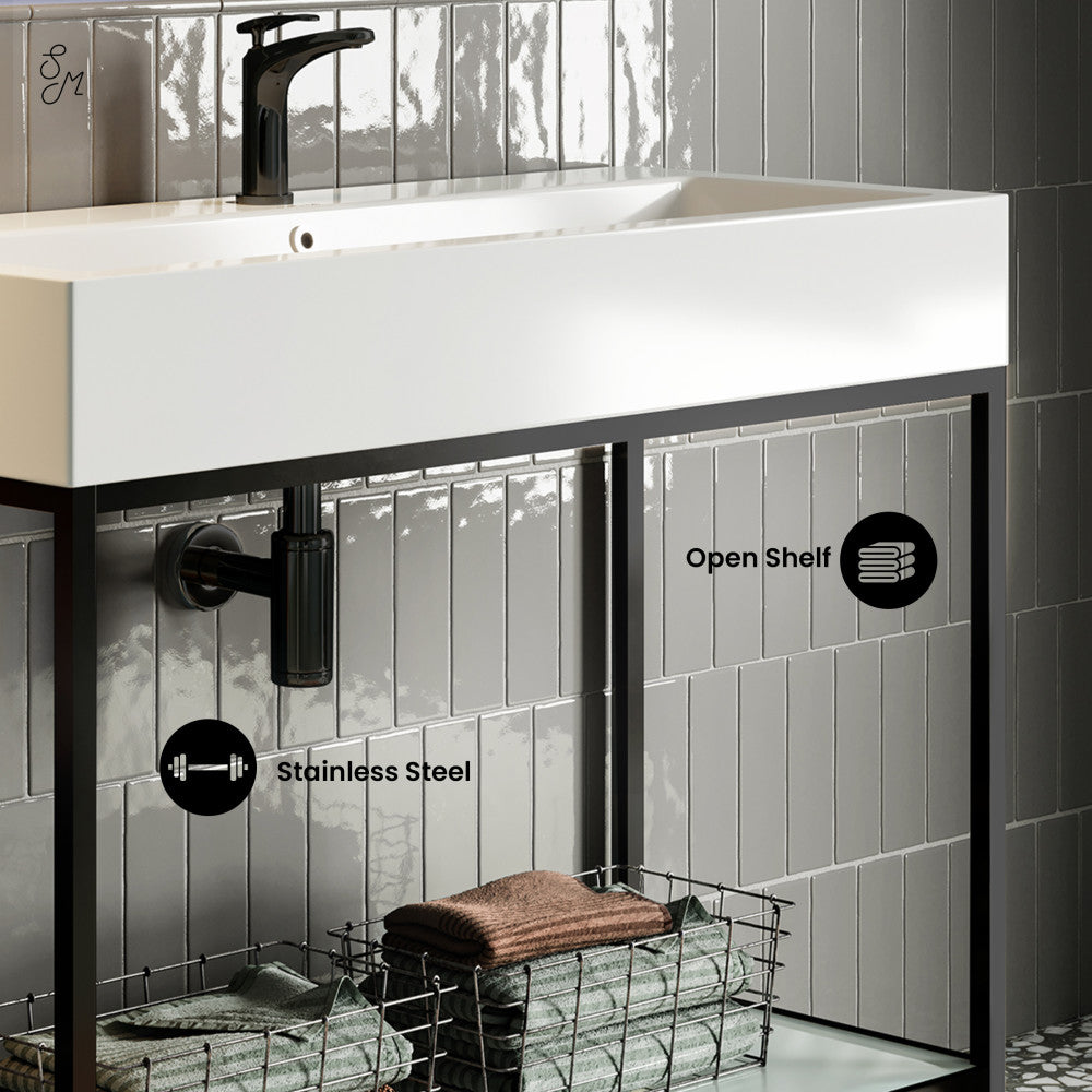 Pierre 40" Open Shelf Black Frame Freestanding Bathroom Vanity with Sink Top