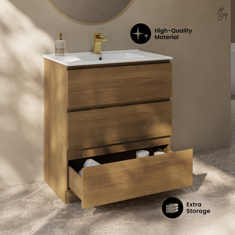 Liberte 30" Freestanding Bathroom Vanity in Brown Oak with Sink Top