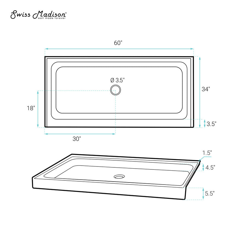 Voltaire 60" x 34" Acrylic White, Single-Threshold, Center Drain, Shower Base