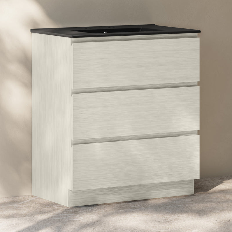 Liberte 30" Freestanding Bathroom Vanity in White Oak with Black 3-Hole Widespread Sink Top