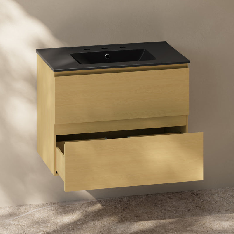 Liberte 30" Wall-Mounted Bathroom Vanity in Natural Oak with Black 3-Hole Widespread Sink Top