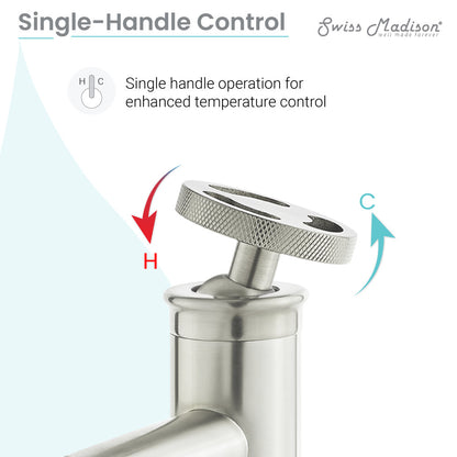 Single-handle bathroom faucet in brushed nickel, high arc spout with wheel handle control.
