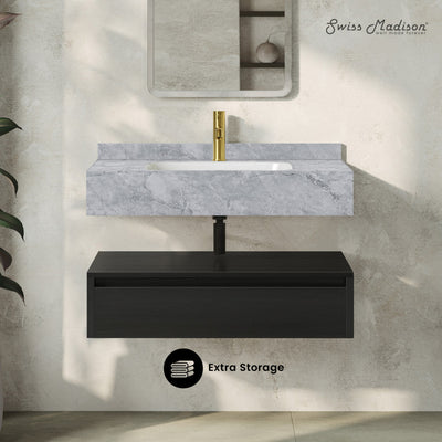 Avancer 36" Wall-Mounted Bathroom Vanity in Black Oak with Storm Gray Sink Top