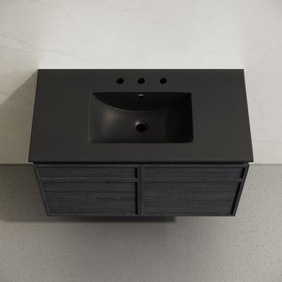 St. Tropez 36" Wall-Mounted Bathroom Vanity in Black Oak with Black 3-Hole Widespread Sink Top