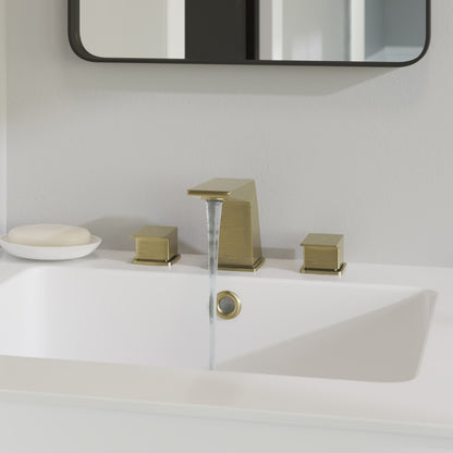 Widespread bathroom faucet in brushed gold, two-handle, modern square design.