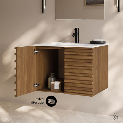 Cascade 30" Wall-Mounted Bathroom Vanity in Brown Oak with Sink Top