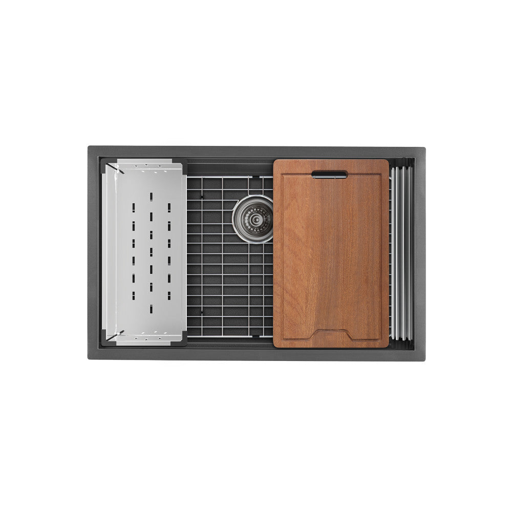 30 x 19 black stainless steel undermount single basin kitchen workstation sink with accessories.