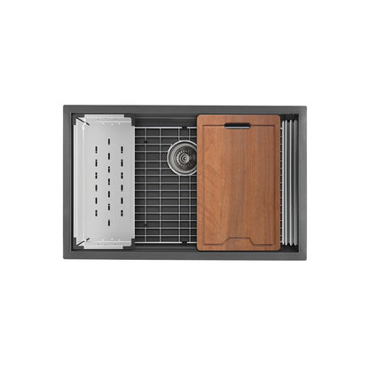30 x 19 black stainless steel undermount single basin kitchen workstation sink with accessories.