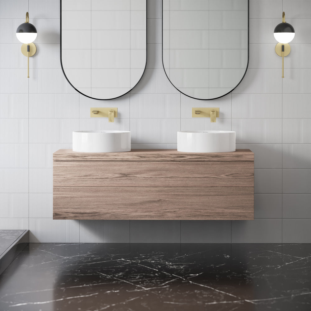 16.5-inch round white vessel bathroom sink with smooth ceramic finish on wood floating vanity.