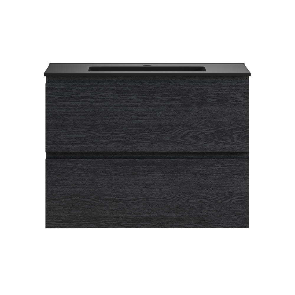 Liberte 30" Wall-Mounted Bathroom Vanity in Black Oak with Black Sink Top