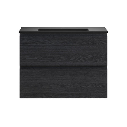 Liberte 30" Wall-Mounted Bathroom Vanity in Black Oak with Black Sink Top
