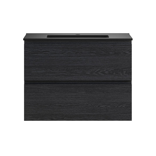 Liberte 30" Wall-Mounted Bathroom Vanity in Black Oak with Black Sink Top