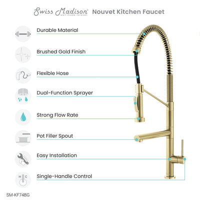 Nouvet Single Handle, Pull-Down Kitchen Faucet with Pot Filler in Brushed Gold