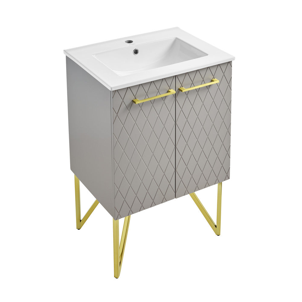 24-inch freestanding bathroom vanity in diamond gray with diamond-patterned doors and gold legs, single sink top.