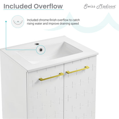 24-inch freestanding bathroom vanity in galaxy white, single sink with gold handles and textured door design.