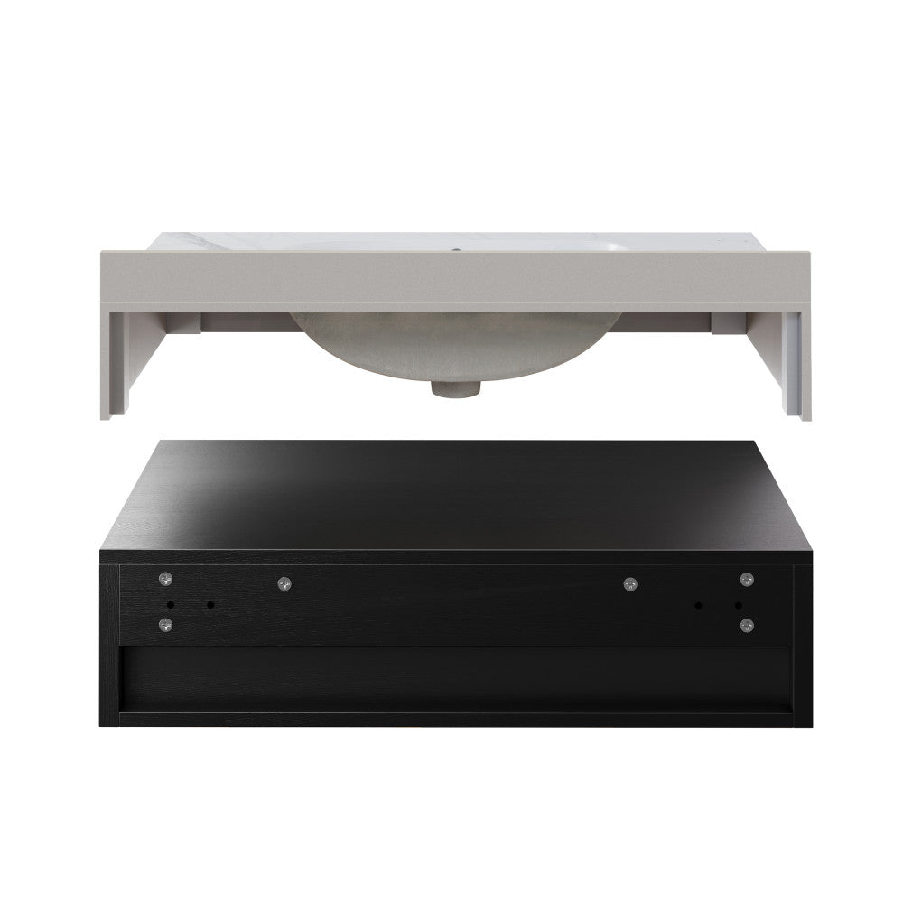 Avancer 36" Wall-Mounted Bathroom Vanity in Black Oak with White Marble Sink Top