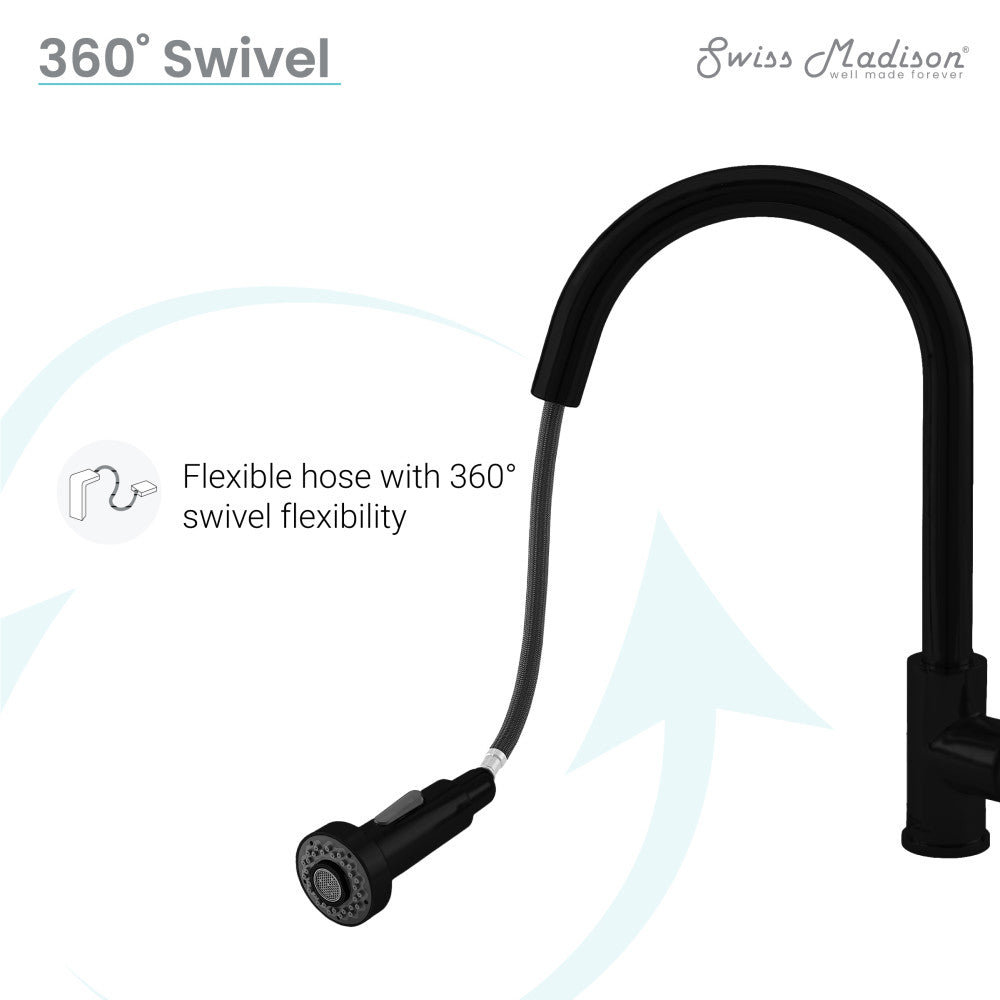 Pull-down kitchen faucet in matte black, single handle, flexible hose with 360° swivel flexibility.