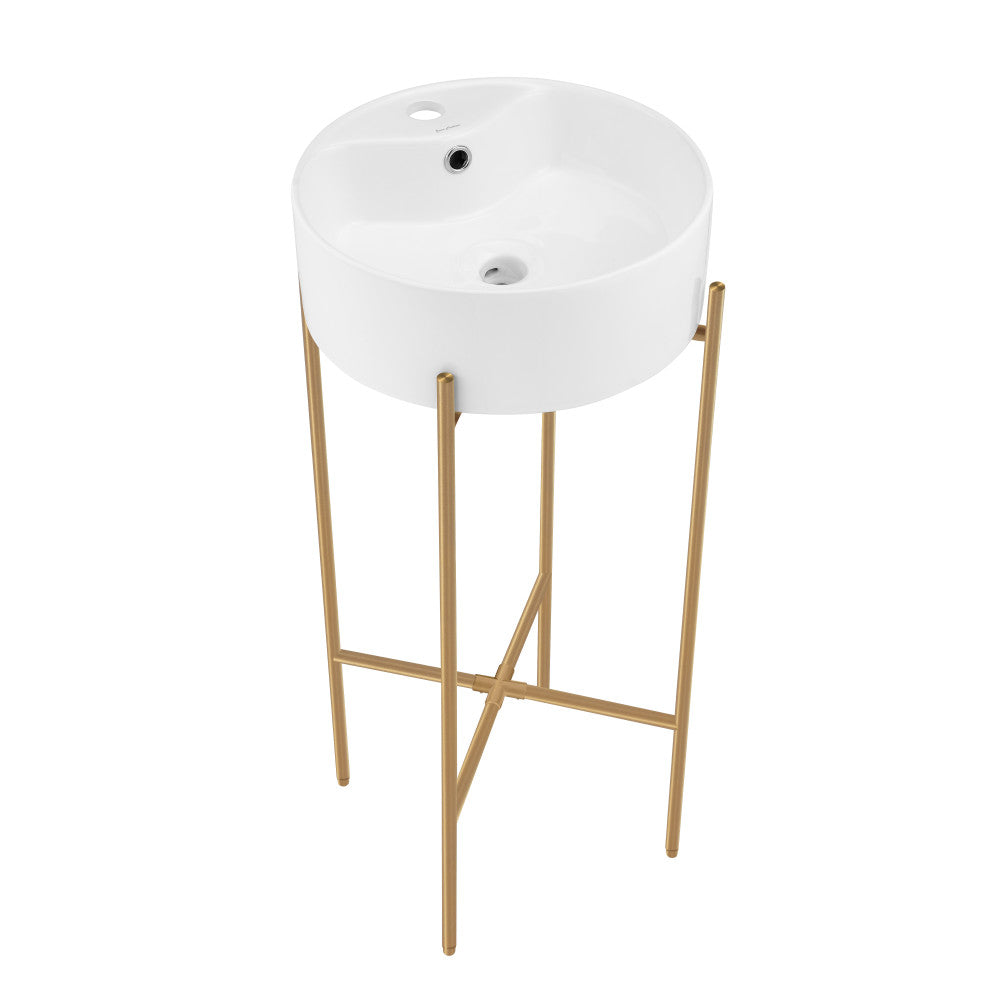 Monaco 16" Round Console Sink with Faucet Mount, White Basin Brushed Gold Legs
