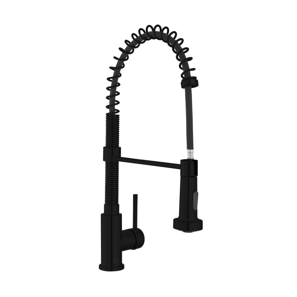 Single handle pull-down kitchen faucet in matte black with spring spout and spray head.