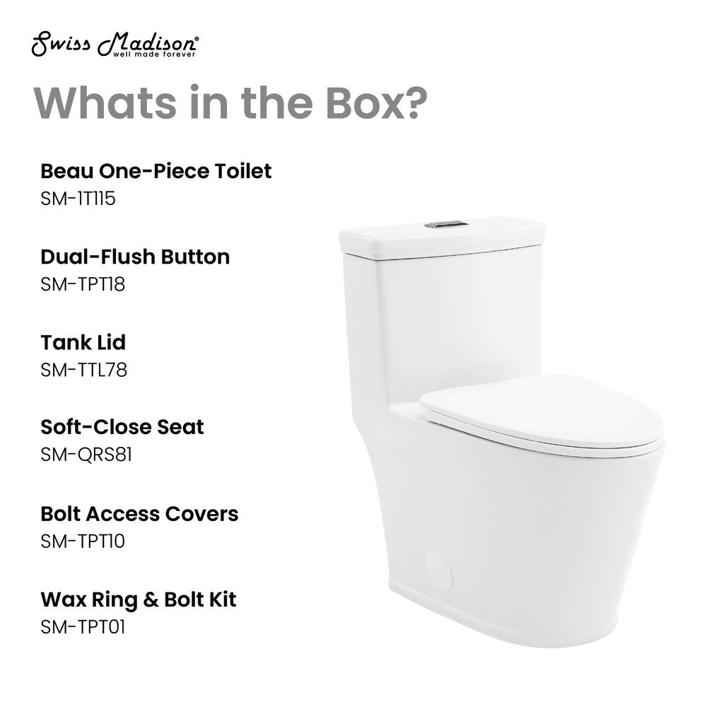 Elongated one-piece toilet with dual-flush buttons and soft-close seat in white ceramic.