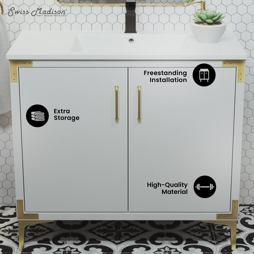 Voltaire 36" Freestanding Bathroom Vanity in White with Sink Top