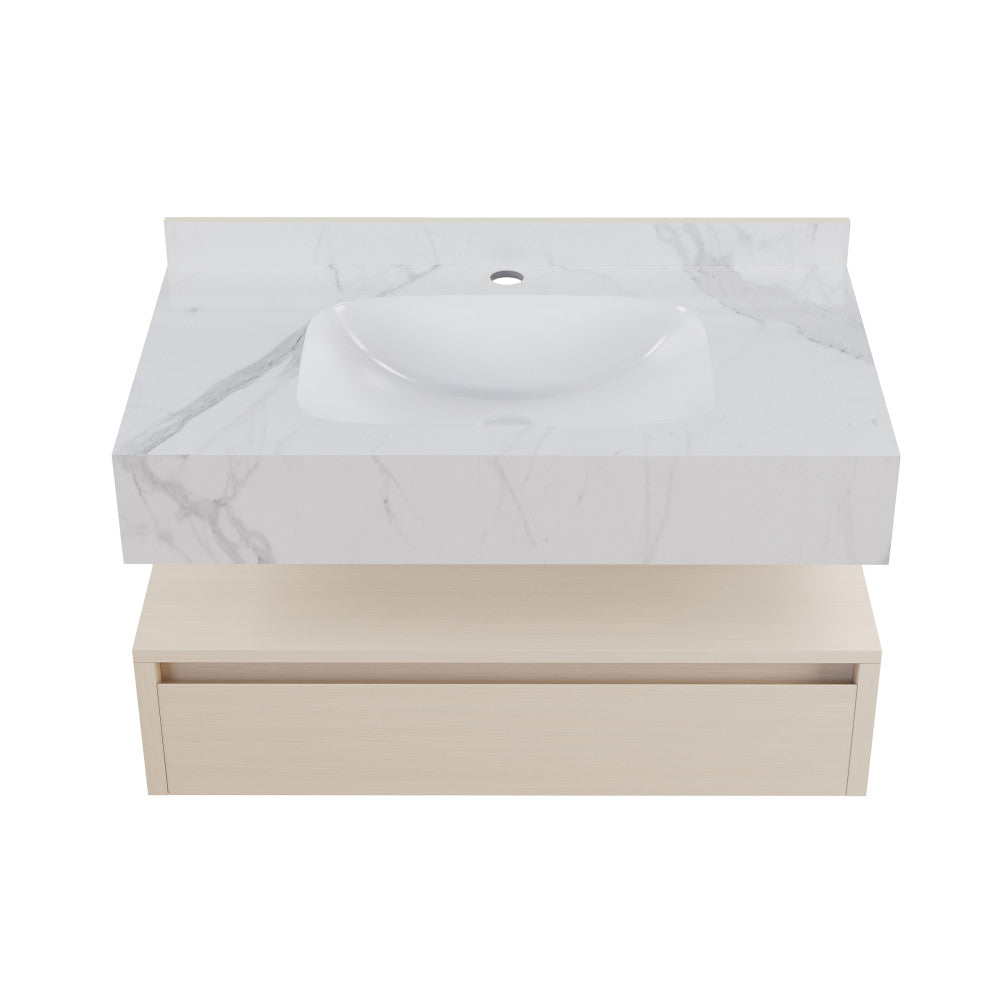 Avancer 36" Wall-Mounted Bathroom Vanity in White Oak with White Marble Sink Top