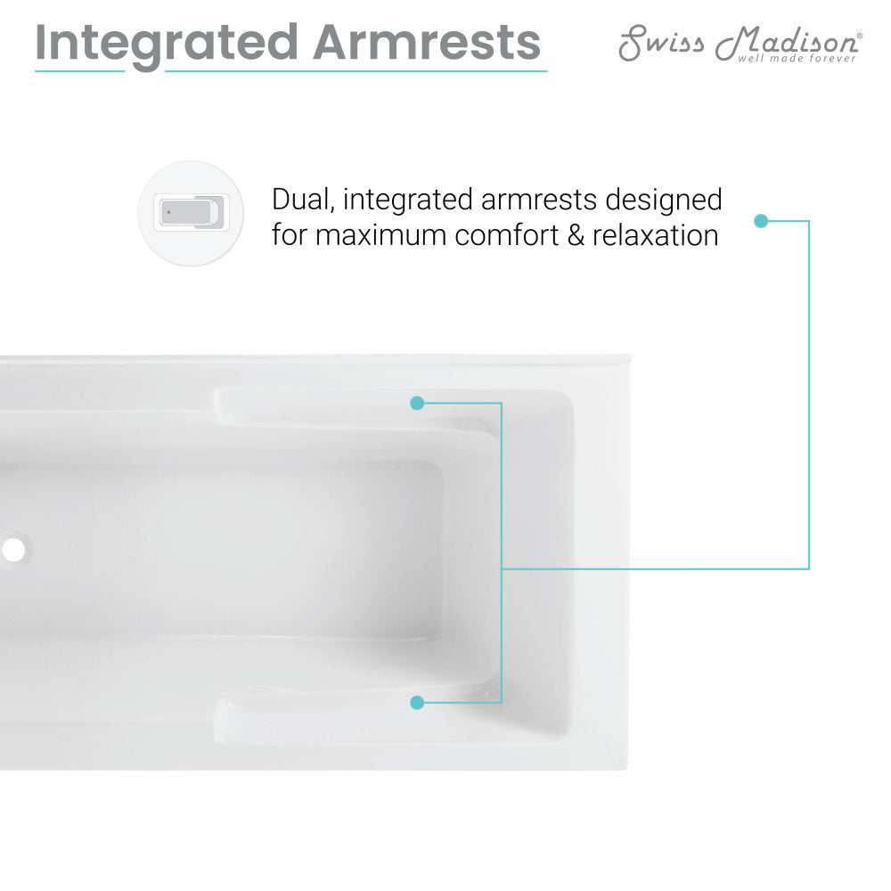 White alcove bathtub with left-hand drain and integrated corner apron, featuring dual integrated armrests.