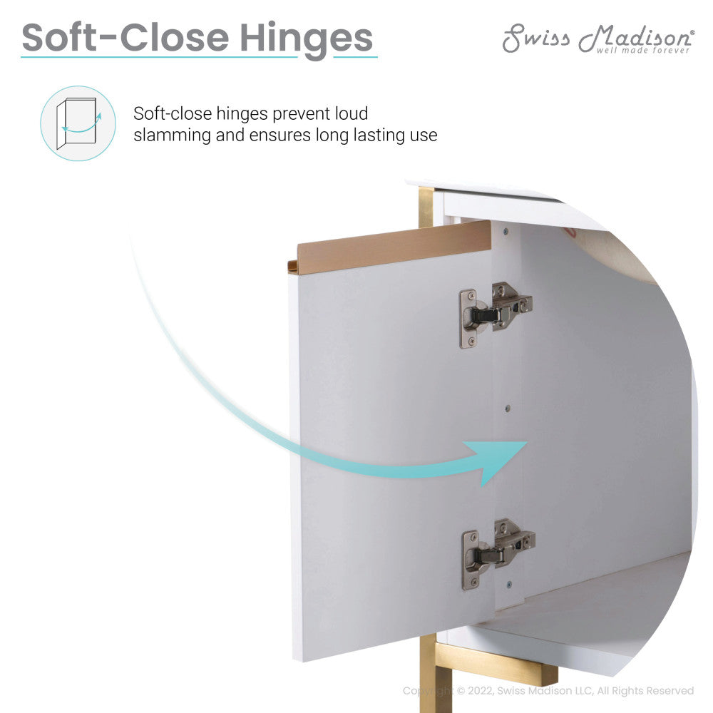 24-inch freestanding white bathroom vanity with brushed gold accents, soft-close doors.