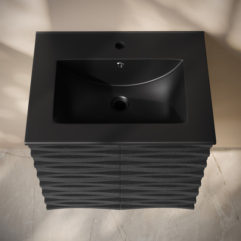 Cascade 24" Wall-Mounted Bathroom Vanity in Black Oak with Black Sink Top