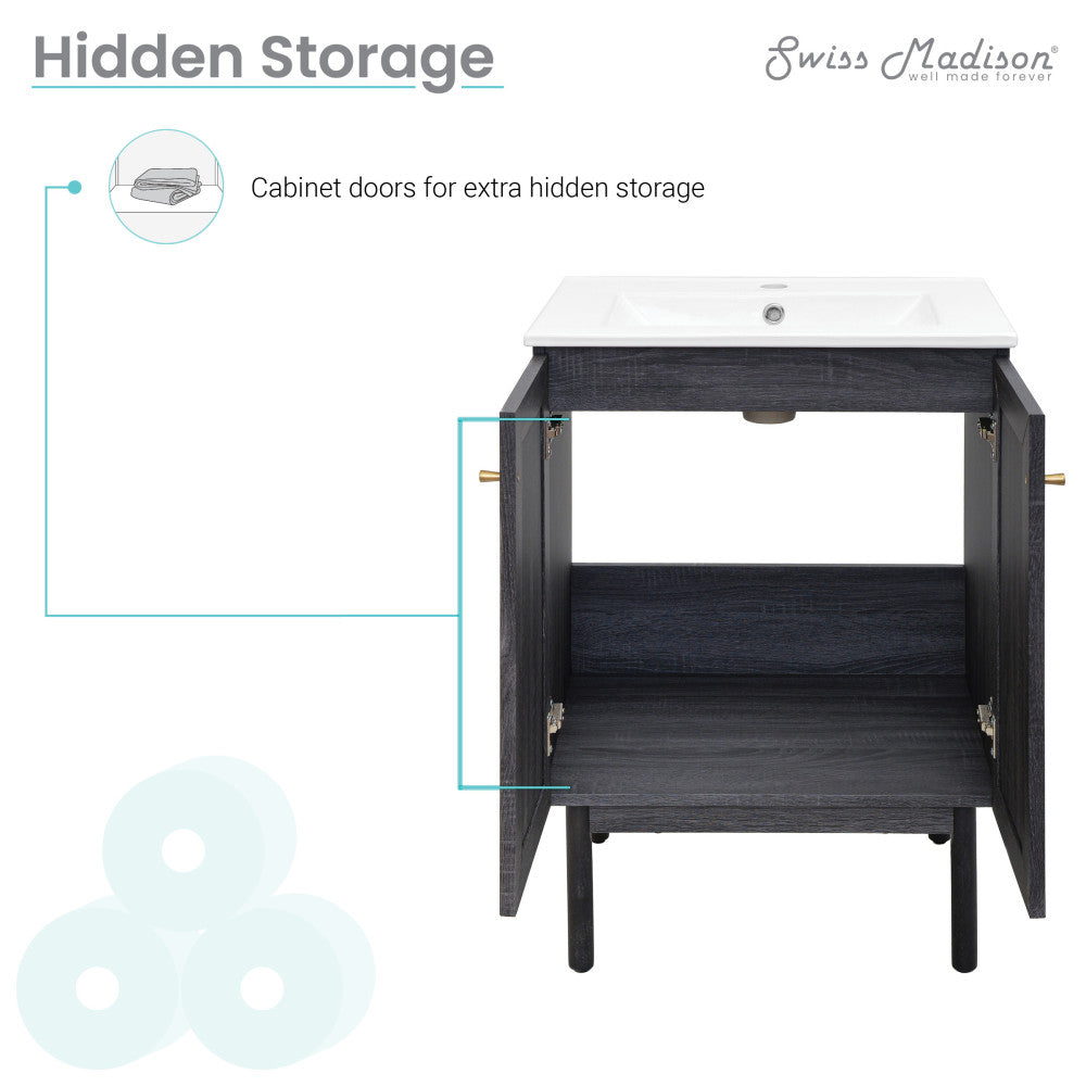 24-inch freestanding black oak bathroom vanity with single sink, soft-close cabinet doors, and open storage shelf.