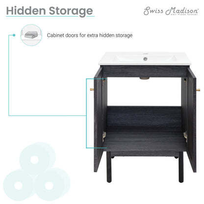 24-inch freestanding black oak bathroom vanity with single sink, soft-close cabinet doors, and open storage shelf.