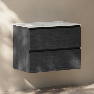 Liberte 30" Wall-Mounted Bathroom Vanity in Black Oak with Sink Top