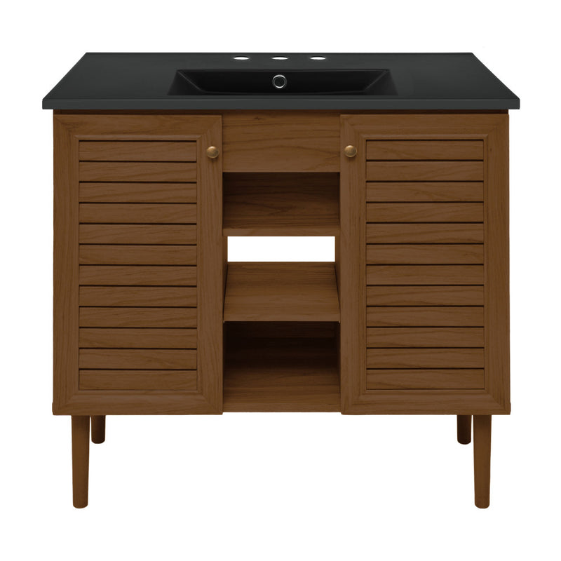 Bron 36" Freestanding Bathroom Vanity in Brown Oak with Black 3-Hole Widespread Sink Top