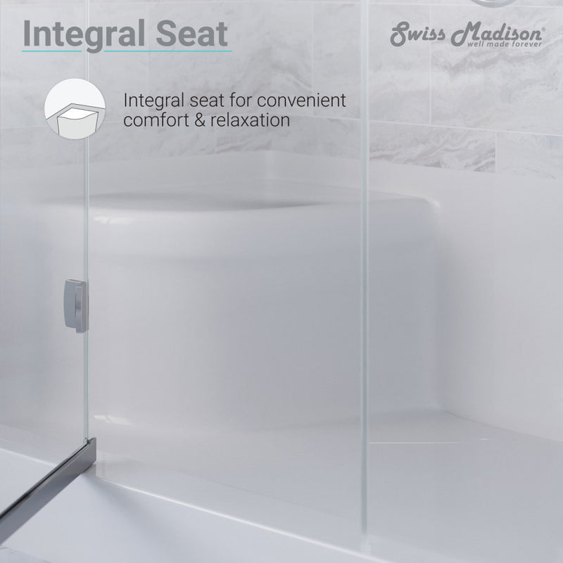 Aquatique 60" x 32" Single Threshold Shower Base With Right Hand Drain and Integral Left Hand Seat in White