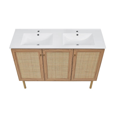 Classe 48 in. Brown Oak, Double Basin Bathroom Vanity With White Ceramic Sink Top