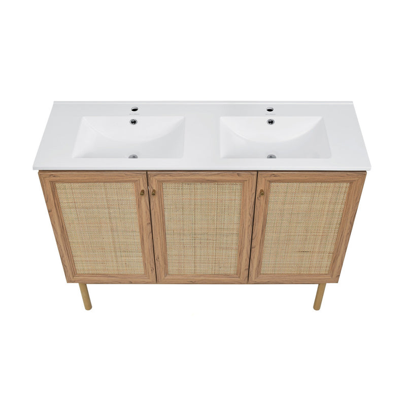 Classe 48 in. Brown Oak, Double Basin Bathroom Vanity With White Ceramic Sink Top