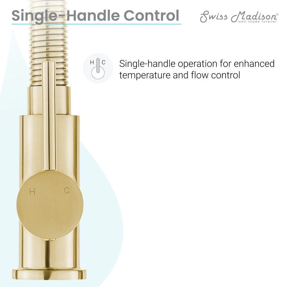 Single-handle kitchen faucet in brushed gold, pull-down spray with temperature and flow control.